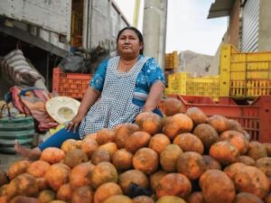 Doña Clementina Rocha Escalera poses next to crates of citrus that she sells at Mercado Campesino wholesale market. (Photo: Banco de Alimentos de Bolivia) 